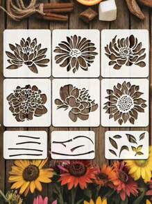 9pcs Extra Large Flower Stencils - Reusable For Lotus, Daisy, Peony, Sunflower Patterns For Painting On Wood, Walls And Garden Fences, Stencils For Painting,Back To School,School Supplies