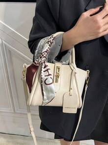 1 件时尚简约扣式 PU 挎包单肩托特包手提包配围巾，适合日常使用 - 白色 - 查看 3