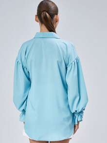 Women's Solid Color Drop Shoulder Long Sleeve Elegant Single-Breasted Summer Shirt - Teal Blue - View 3