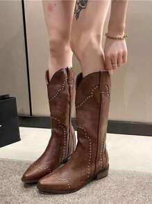Women's Western Mid-Calf Boots With V-Cut, Riveted Decor, Square Toe, Low Block Heel, Cowgirl Boots,