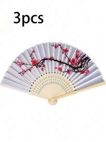 1pc/3pcs Chinese Style Ink Painting Plum Blossom Female Folding Fan Silk Fan Wedding Elegant Plum Blossom Silk Fan Summer Cooling,Beach,Travel