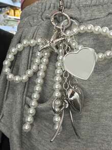 1pc Unisex Y2K Cute Beaded Bow Pendant, Fashionable Heart-Shaped Large Bag Pendant, Fashionable Heart-Shaped Rotating Mirror Pendant, Silver Heart-Shaped Swivel Hook Design, Spring Clasp, Starfish, Bow And Heart Element Phone Charm Keychain - Multicolor - View 3