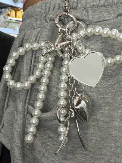 1 件男女通用 Y2k 可爱串珠蝴蝶结吊坠、时尚心形大号包包吊坠、时尚心形镜子吊坠、银色心形旋转钩扣设计、弹簧扣、海星、蝴蝶结和心形元素手机吊饰钥匙扣