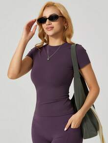 NcmRyu 1pc Women's Minimalist Fashion Slim Fit Flattering Outdoor Sports Short Sleeve T-Shirt Summer - 紫色 - 查看 4