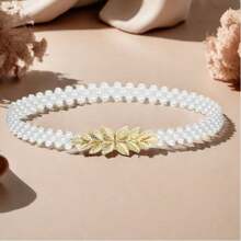 1pc Female Little Leaves Alloy Buckle Elastic ABS Pearl Adjustable Waist Belt Match For Dress Daily Use