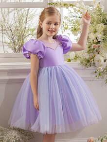 Đầm công chúa thanh lịch bằng vải voan đính hạt, tay áo cánh hoa oải hương cho bé gái, kiểu dáng thắt nơ, thích hợp cho các bữa tiệc, đám cưới, làm phù dâu, dạ hội. - Màu tím hoa cà - Xem 5