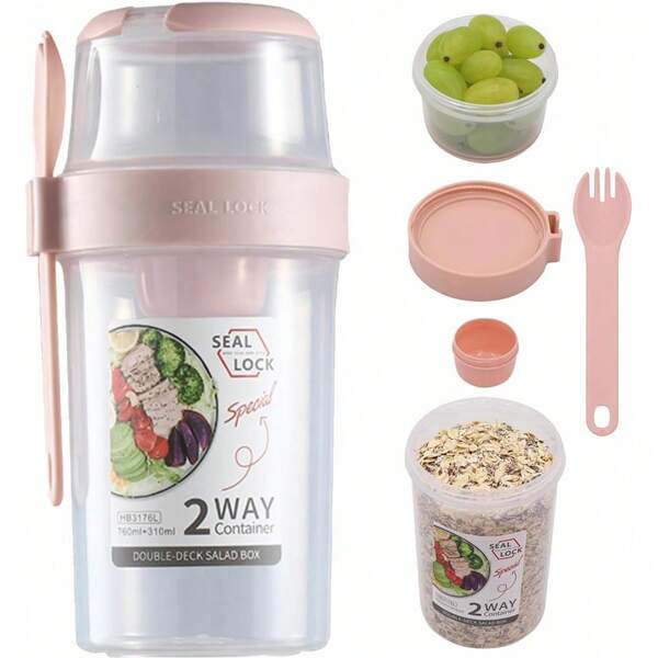 1pc Breakfast On The Go Cups, Salad Cup To Go, Take And Go Yogurt Cereal Overnight Oats Snack Parfait Containers & Salad Dressing Holder With Fork For Lunch, Fruit & Vegetable Jar