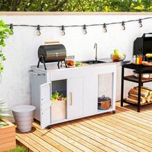 Outdoor Grill Table Grill Cart With Folding Side Table, Steel Sink - White - View 1