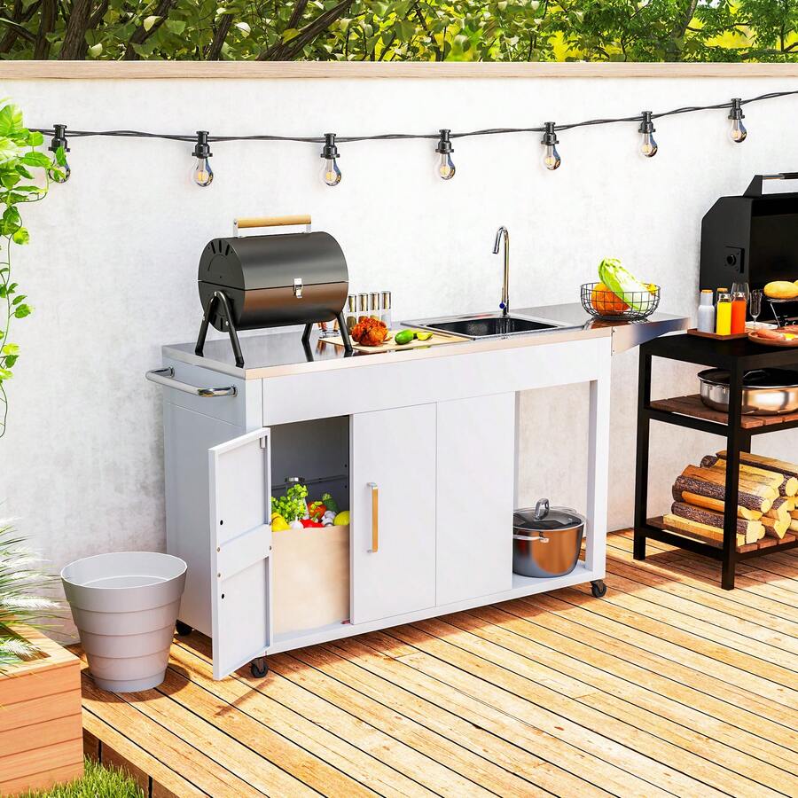 Outdoor Grill Table Grill Cart With Folding Side Table, Steel Sink - White - View 1