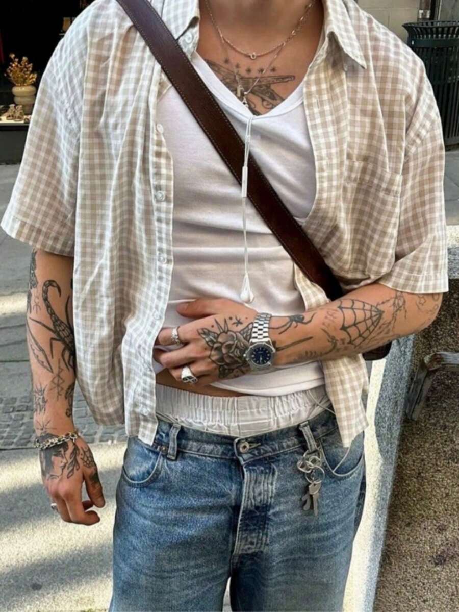 Men's Plaid Short Sleeve Single-Breasted Casual Loose Shirt - Multicolor - View 1