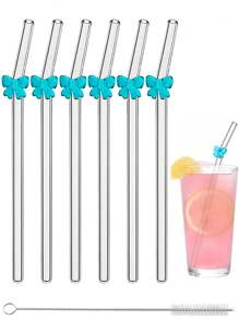 6er Pack wiederverwendbare Glas-Trinkhalme mit Schleifen-Charm - bruchsichere gebogene Trinkhalme Set + Reinigungsbürste - elegante Trinkhalme für Cocktails, Smoothies & kalte Getränke (20cm)
