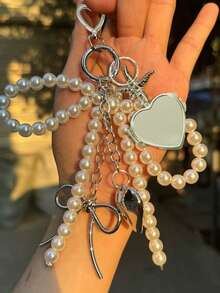 1pc Unisex Y2K Cute Beaded Bow Pendant, Fashionable Heart-Shaped Large Bag Pendant, Fashionable Heart-Shaped Rotating Mirror Pendant, Silver Heart-Shaped Swivel Hook Design, Spring Clasp, Starfish, Bow And Heart Element Phone Charm Keychain - Multicolor - View 11