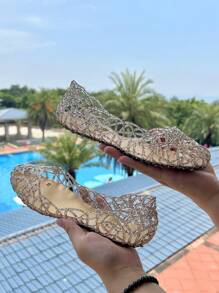 Women's Summer Closed Toe Flat Jelly Crystal Sandals, Hollow-Out Soft Beachside Shoes