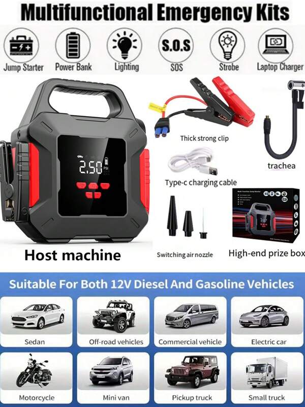 29800mAh Portable Car Jump Starter With Air Compressor, Emergency LED Light & Power Bank – Fast Charging For Phones, Laptops, Cars, Trucks, RVs, And More , Vehicle Battery Charger | Sleek Battery Pack | Advanced Features, Portable Car Battery Jump Starter