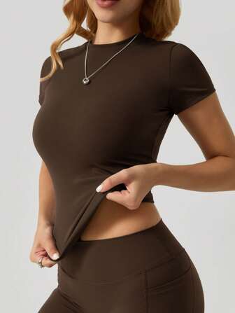 NcmRyu 1 件女式无缝弹力纯色时尚百搭修身运动短袖上衣