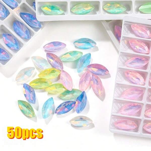 50pcs 10x14mm Macaron Shaped Rhinestone Crystal, Highly Transparent Rainbow Color, Cute, Handmade DIY Jewelry, Wedding Dress, Shoes & Bags Decor, Multi-Functional Shiny Decorative Ornament, Suitable For Apparel, Car, Festival, Party, Gifts