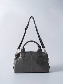 时尚优雅大容量油蜡皮手提包，便捷纯色仿皮单肩包，链条斜挎包，拉链防盗包，双提手通勤包，可调节肩带方包，腋下包，收纳包，专业女士公文包，盒形包，适合晚宴、约会、度假、商务旅行/通勤/工作/办公、日常使用，圣诞节冬季圣诞礼物 - 灰色 - 查看 6