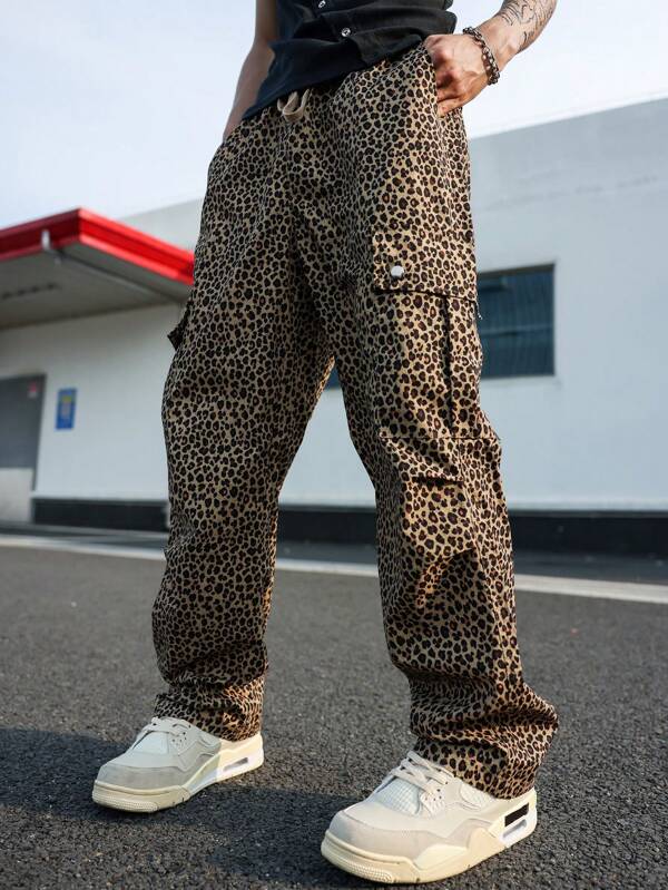 1pc Men's Outdoor Cargo Pants With Leopard Print, Thick & Loose Straight Leg Casual Trousers, Versatile & Stylish For Autumn/Winter