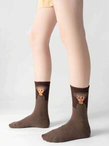 5 Pairs Unisex Assorted Color Cartoon Pattern Mid-Calf Fashionable Socks, Suitable For Daily Wear, Perfect Gift For Family And Friends