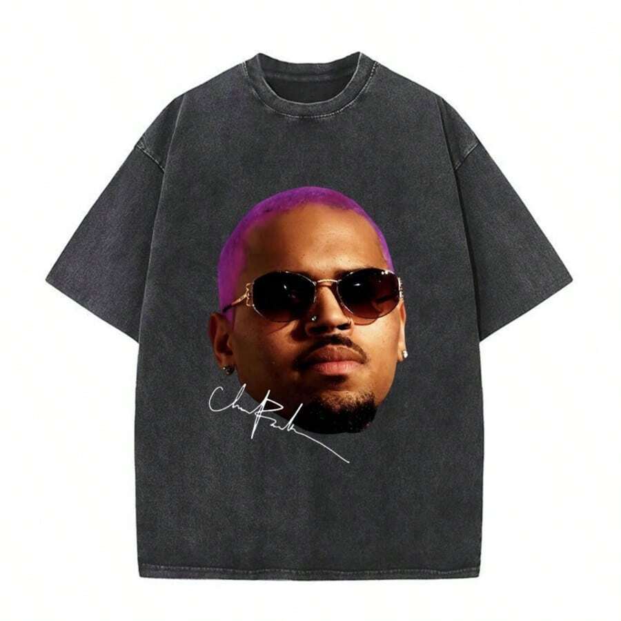 Cool In Summer-Rapper Chriss Browns Breezy Big Face Graphic Vintage Washed T-Shirts Men Women Harajuku O-Neck Cotton Casual Short Sleeve T Shirts - màu đen - Xem 1