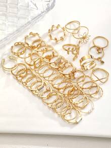 73/66/47pcs Fashionable Minimalist Vintage Elegant Design Loving, Butterfly, Faux Pearl, Rhinestone, Geometric Wave, Infinity, Star, Circle Multilayer Metal Rings Set, Party, Holiday, Gift, Daily Wear - Yellow Gold - View 8