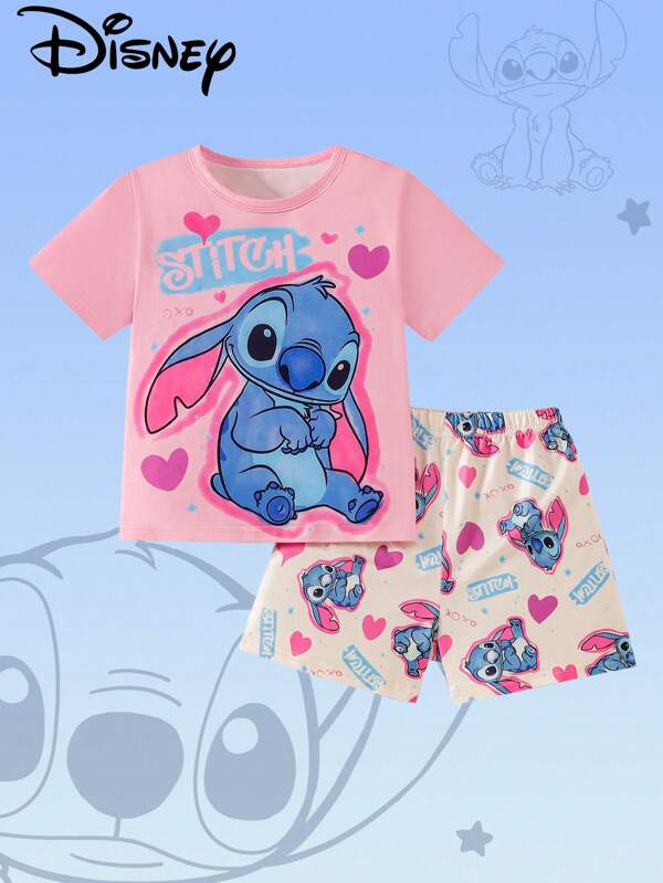 Disney Mädchen 2 Stücke Pyjama Set, Stitch Muster Kurzarm 3D-Muster T-Shirt + Shorts, bequeme Loungewear, lässige Nachtwäsche, niedliches Pyjama Set