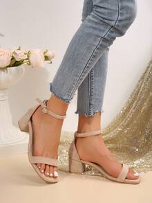 女士时尚高跟凉鞋，夏季百搭中跟鞋，杏色系带凉鞋，简约粗跟露趾时尚派对/工作休闲罗马凉鞋