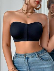 女士无肩带文胸，无缝，性感单肩裹胸前防滑钢圈文胸，前扣，适合所有季节 - 黑色 - 查看 5