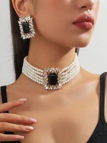 1 Pc Women's Luxury Fashion Geometric Square Fuchsia, Green, White, Black Crystal Faux Pearl Necklace & 1 Pair Matching Geometric Square Fuchsia, Green, White, Black Crystal Faux Pearl Earrings, Two Pieces Set, Suitable For Evening Gown And Daily Wear - Multi-layer Pearl Large Rectangular Crystal Two-piece Set - View 5