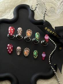 10 Peças Unhas Artesanais Estilo Boêmio, Design de Olho de Gato de Pitaia, Formato de Amêndoa Curto, Feito à Mão Clássico por Mulheres e Meninas, com 1 Peça de Gel e 1 Peça de Lixa anexadas