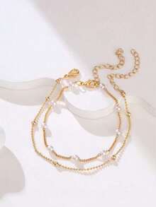 2 件珍珠装饰优雅百搭女士手链，优雅铜链搭配人造珍珠（珠子和珍珠数量随机搭配）