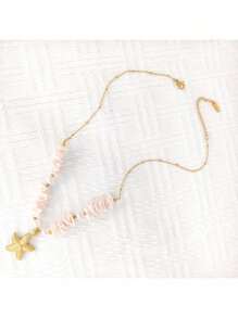 1pc Stainless Steel Gold-Color Chain Natural Stone Beaded Necklace, Suitable For Women Traveling And Vacation Wear