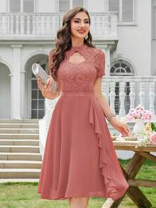 MIUSOL Floral Lace High Neck Side Ruffle Chiffon Cocktail Party Swing Dress - Dusty Pink - View 6