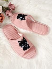 Cat Embroidered Plush Open-Toe Slippers For Women, Cute & Fashionable Indoor Slippers, Comfortable Breathable Fit For All Seasons, Suitable For Home, Bedroom, Living Room, Dorm