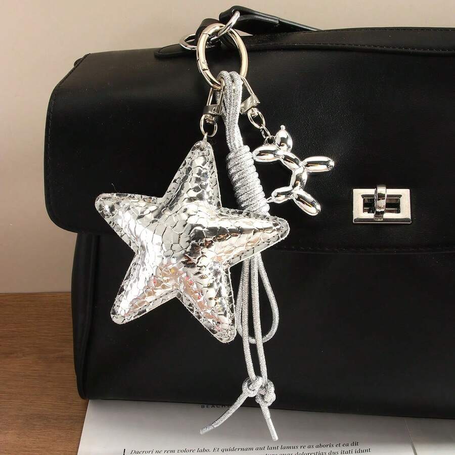 1 Pc Versatile Fashionable Silver Star Foil Balloon Dog Braided Rope Bag Charm Creative Keychain Pendant Goth - Multicolor - View 1