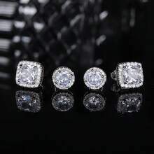 Hayoso 18K Gold Plated Halo Stud Earrings 925 Sterling Silver Cubic Zirconia Stud Earrings Round Square Diamonique Stud Earrings Set For Women Men VAN1 - Bạc & Hồng - Xem 5