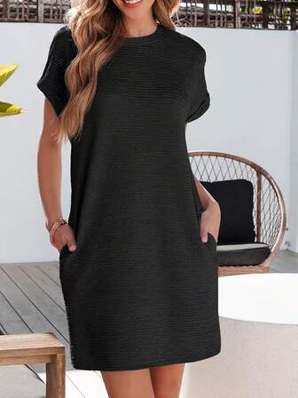 2025 Spring/Summer New Solid Color Loose Round Neck Short Sleeve Pocket Knit Dress, Elegant