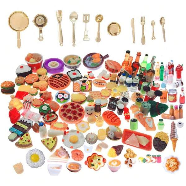 50 piezas Juego de comida y bebida en miniatura de resina mixta - Pizza, Hamburguesa, Papas Fritas, Decoración de bebida, Vajilla, Juguete de casa, Juego de cocina de juego de roles para adultos y niños, Regalo para fiesta de cumpleaños