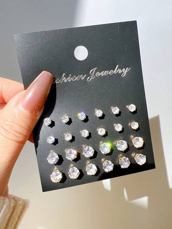 24pcs Elegant Zirconia Stud Earrings, Suitable For Daily Wear