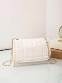1pc Quilted Plaid Flap Shoulder Bag With Mini Metal Chain, Stitched Mini Crossbody Bag