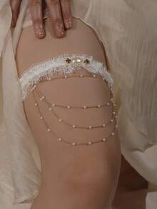 1pc Black Lace Trim Gold Heart Pendant Elastic Leg Garter, Bridal Decor