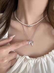 2 Pieces Of Elegant Rhinestone Bowknot & Faux Pearl Necklace, Delicate Fresh And Simple Luxury Choker Necklace For Women