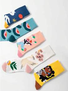5 Pairs Mixed Color Art Illustration Cartoon Figure & Animal Pattern Fashionable Mid-Calf Socks, Great Gift For Family And Friends