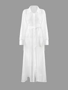 Women's Vacation Casual Minimalist Sexy Regular-Shoulder Long Sleeve Shirt With Lapel, Button & Tie-Up, Long Length Cover-Up - White - View 10