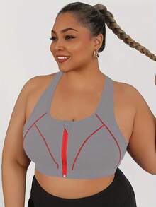 Plus Size Front Zipper Sports Bra, High-Impact Contrast Color Yoga Bra - Grey - View 1