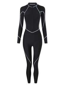 纯色底色撞色修身边缘长袖拉链运动风格连体泳衣夏季 - 黑色 - 查看 2