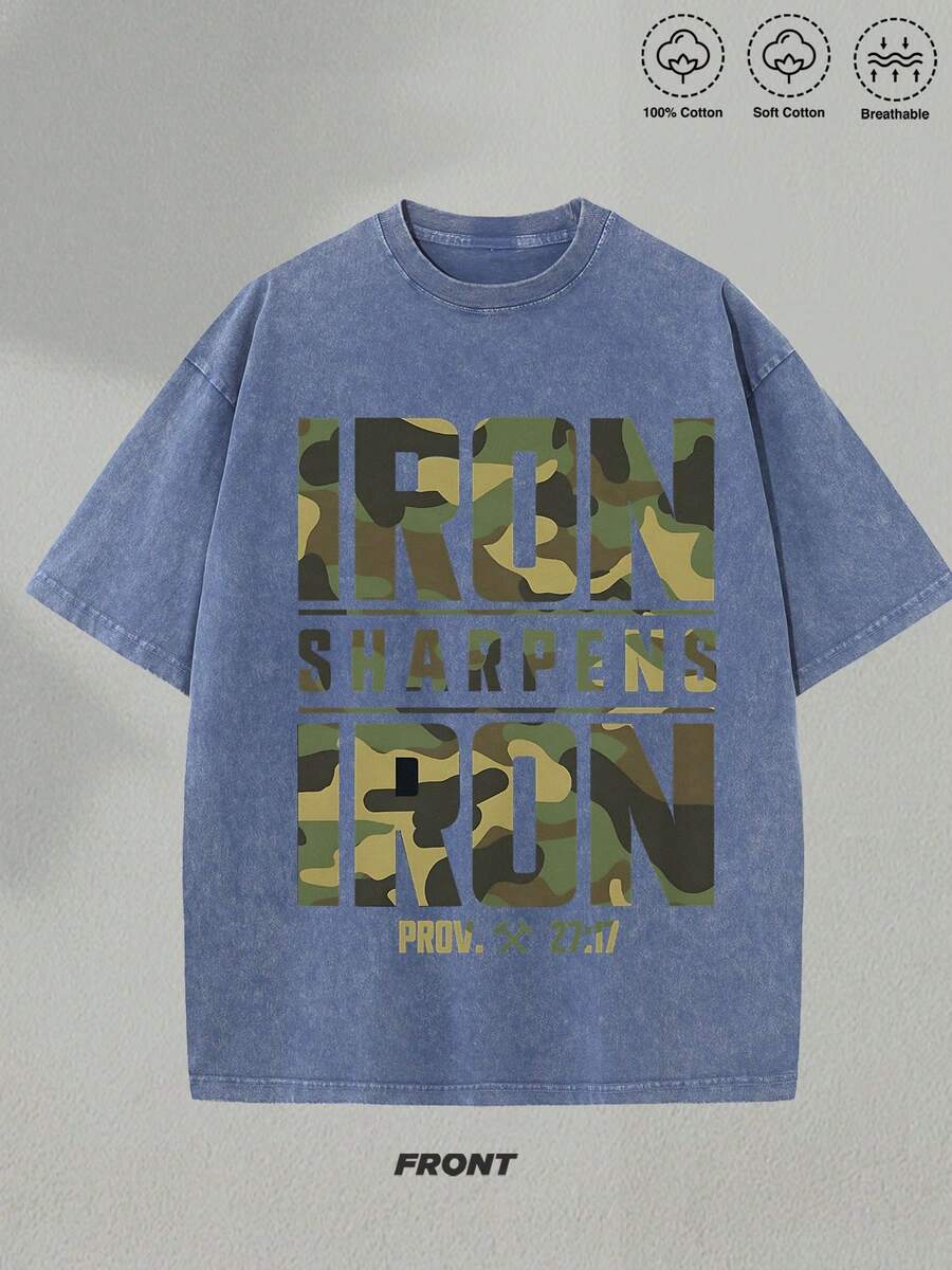 PROV. 27:17 IRON SHARPENS IRON Graphic Print Father's Day Gift Men's T-Shirt Washed Distressed Vintage Short-Sleeved Top 1PC Men's Pure Cotton 220G Summer T-Shirt - Blue - View 1