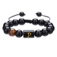 1pc Natural Black Agate 26 Letter Beaded Adjustable Braided Bracelet, Suitable For Various Occasions Like Festivals, Sports, Casual, Business Wear