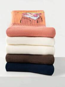 5 Pairs Unisex Assorted Color Cartoon Pattern Mid-Calf Fashionable Socks, Suitable For Daily Wear, Perfect Gift For Family And Friends