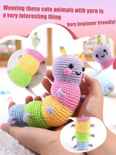 1pc Colorful Caterpillar Crochet Craft Kit, Crochet Materials Include Yarn, Crochet Hook, Accessories, Stitch Markers, Filling, Suitable For Adults Learning To Crochet, Great For DIY Lovers, Christmas, Easter, Valentine's Day, Birthday Gifts